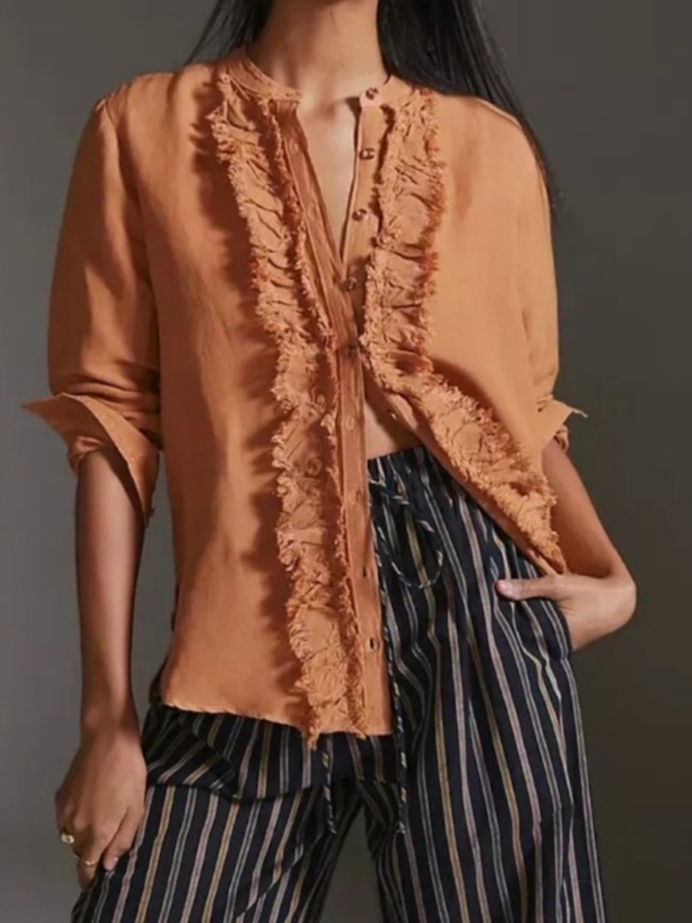 Anthropologie Pilcro Women’s Ruffled Placket Linen Blend Shirt in Pink Sz Small